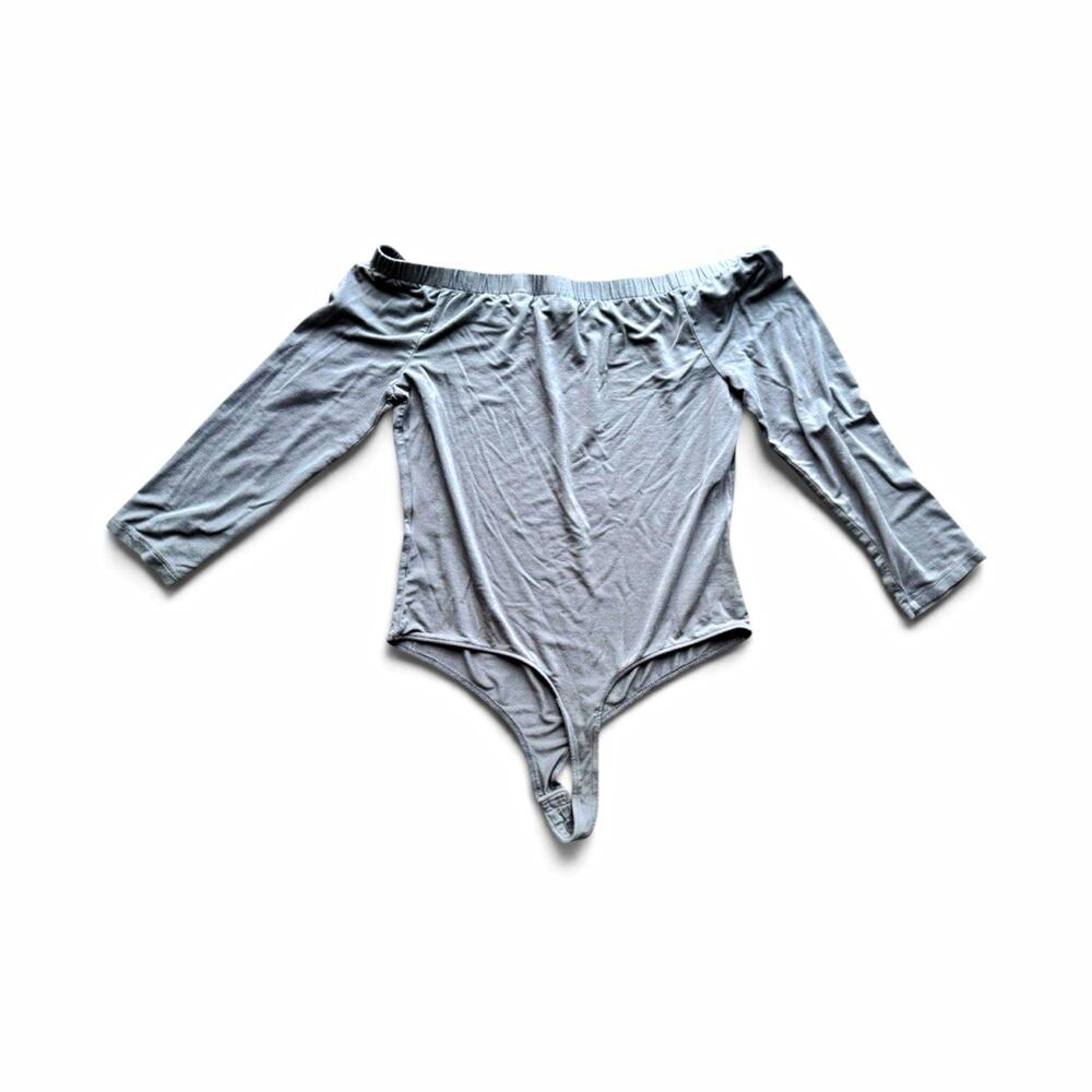 New York & Company Gray Off-The-Shoulder Long Sleeve Bodysuit, M Stretch